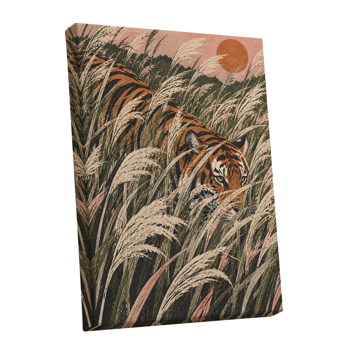 Amber Prowl, orange, black, green nature wall art shown as a stretched canvas wall art