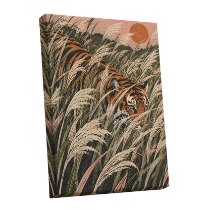 Amber Prowl, orange, black, green nature wall art shown as a stretched canvas wall art