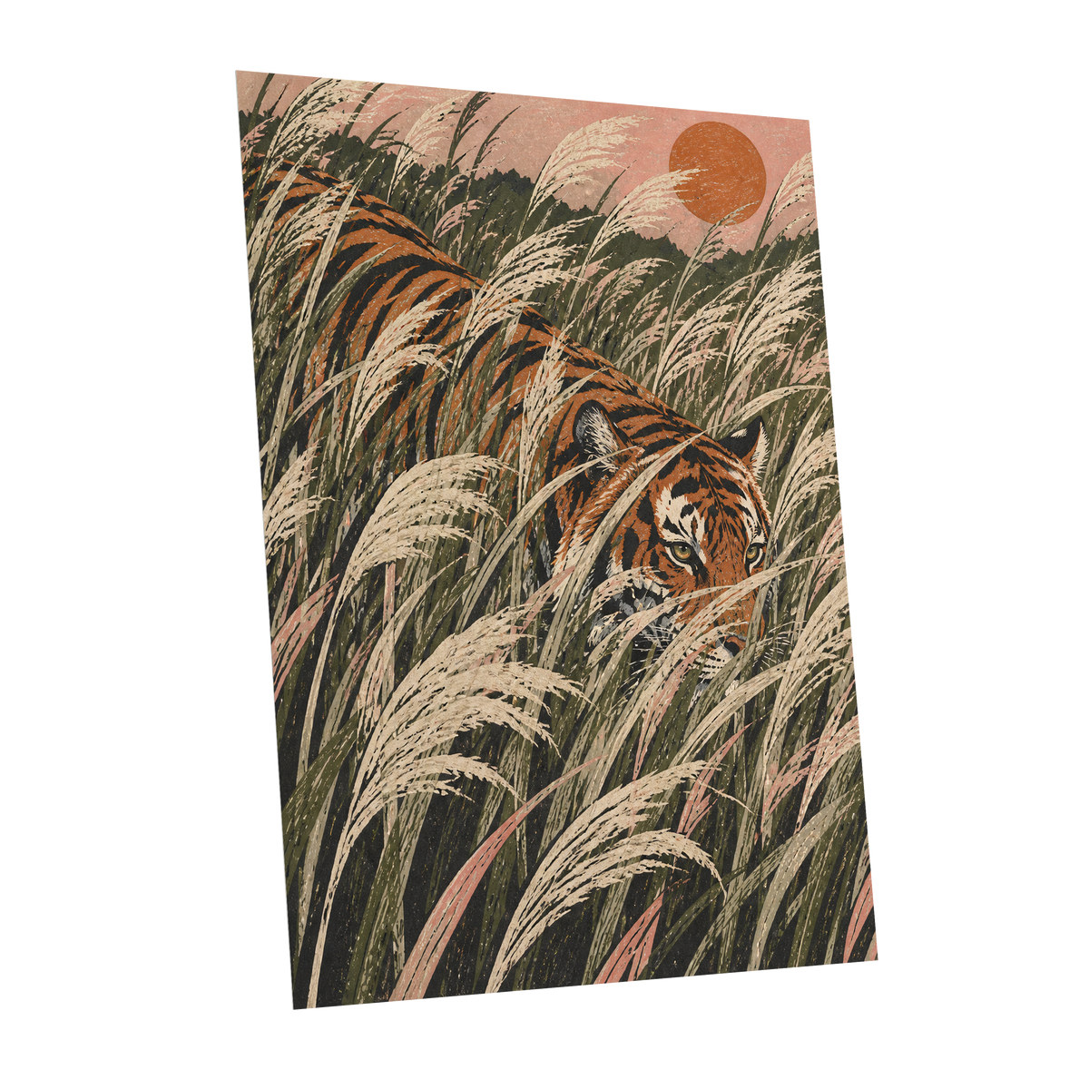 Amber Prowl, orange, black, green nature wall art shown as a unframed poster wall art print