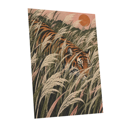 Amber Prowl, orange, black, green nature wall art shown as a unframed poster wall art print