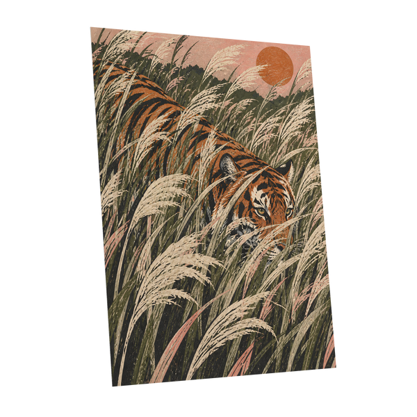 Amber Prowl, orange, black, green nature wall art shown as a unframed poster wall art print