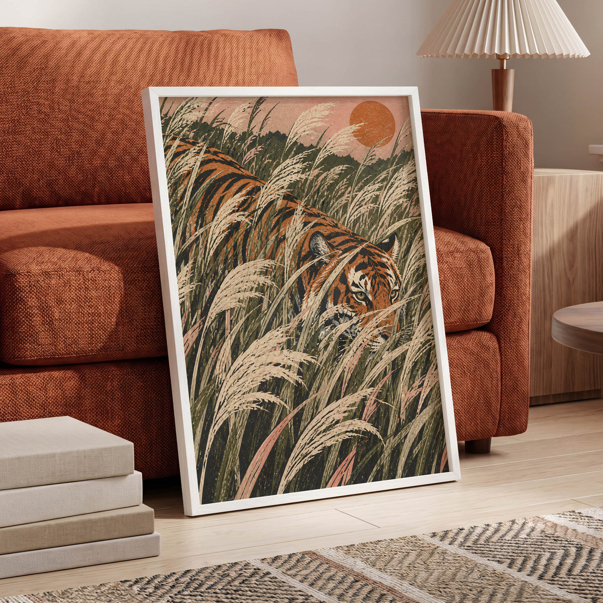 Amber Prowl, orange, black, green nature wall art displayed in a styled interior, gallery view 2