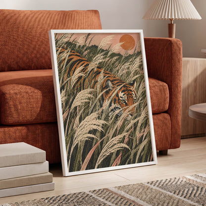 Amber Prowl, orange, black, green nature wall art displayed in a styled interior, gallery view 2