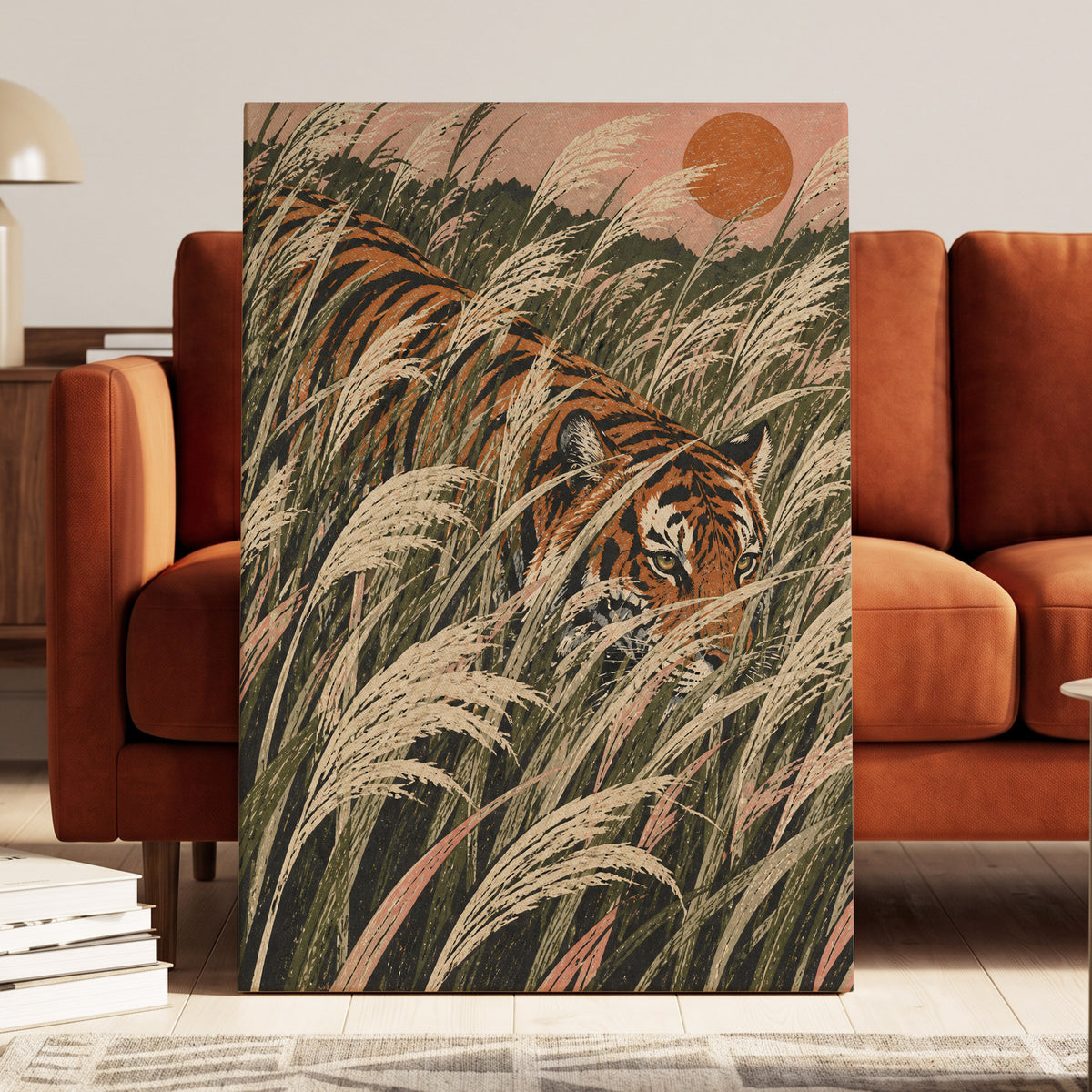 Amber Prowl, orange, black, green nature wall art displayed in a styled interior, gallery view 3