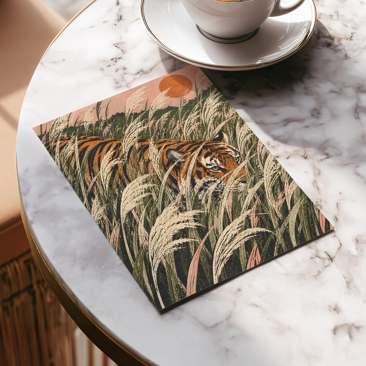 Amber Prowl, orange, black, green nature wall art displayed in a styled interior, gallery view 5