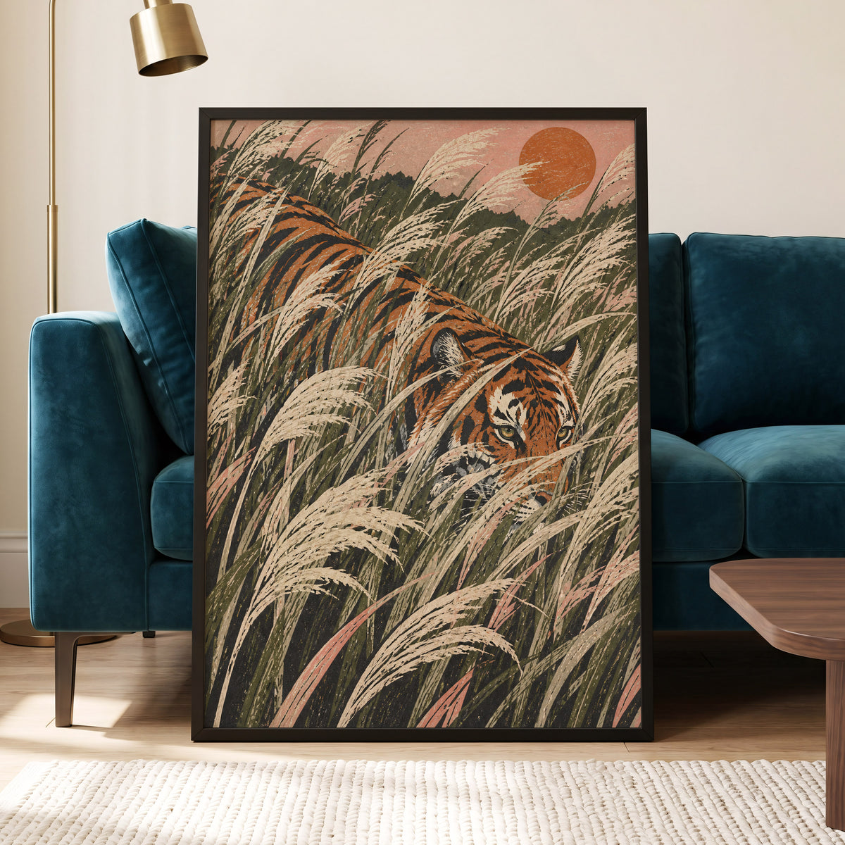 Amber Prowl, orange, black, green nature wall art displayed in a styled interior, gallery view 6