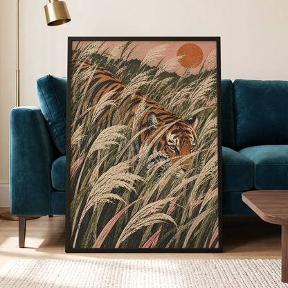 Amber Prowl, orange, black, green nature wall art displayed in a styled interior, gallery view 6
