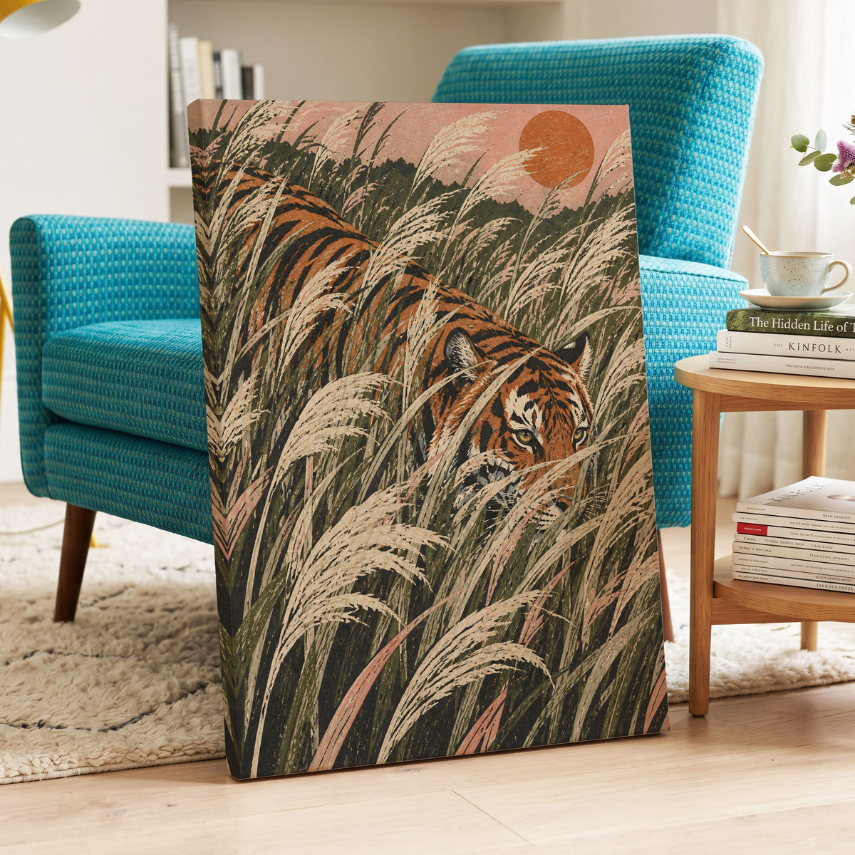 Amber Prowl, orange, black, green nature wall art displayed in a styled interior, gallery view 7