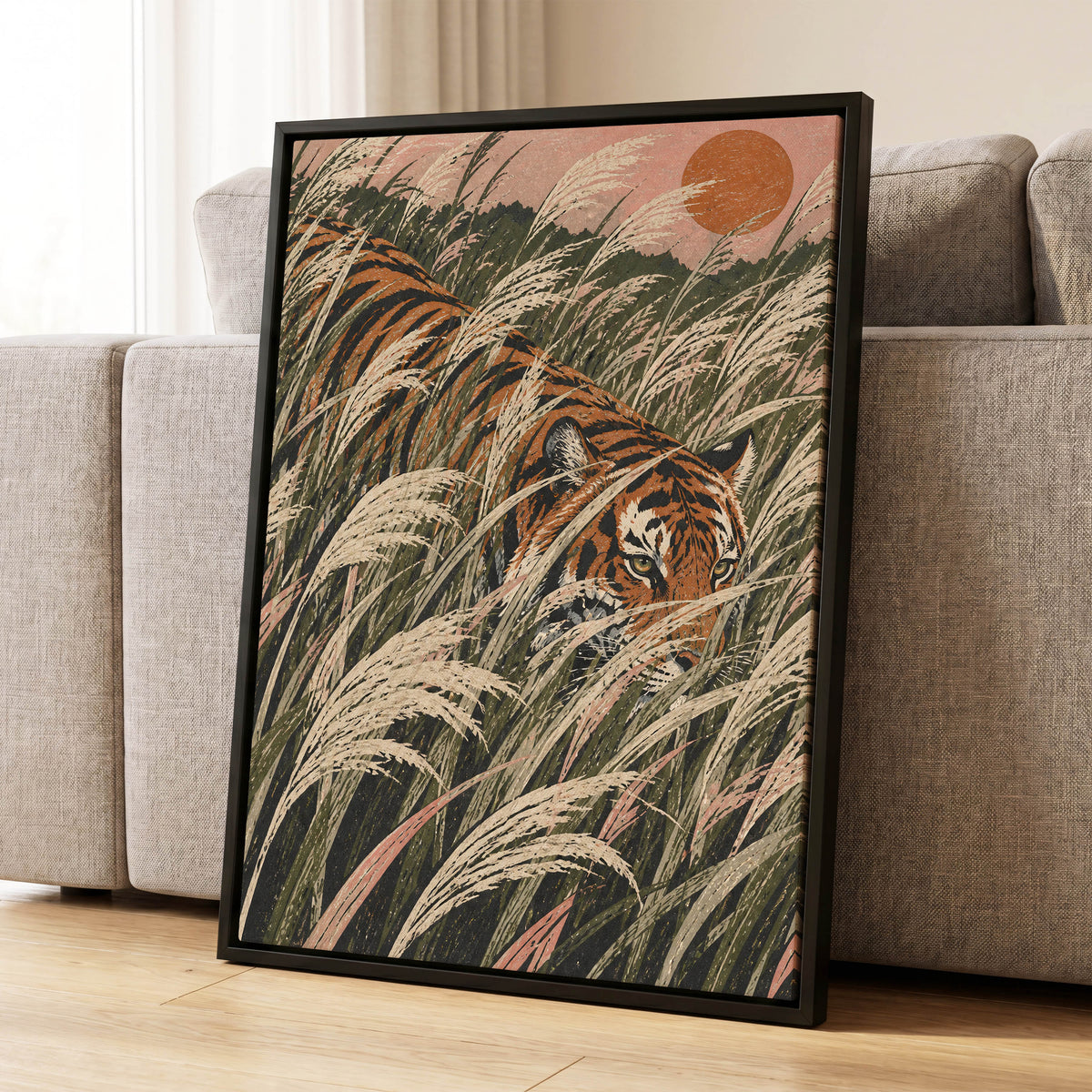Amber Prowl, orange, black, green nature wall art displayed in a styled interior, gallery view 8