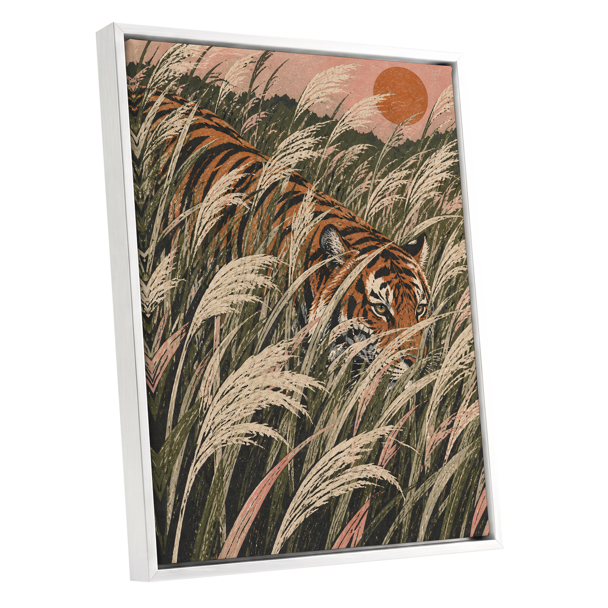 Amber Prowl, orange, black, green nature wall art shown as a white framed canvas wall art