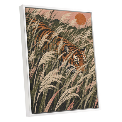 Amber Prowl, orange, black, green nature wall art shown as a white framed canvas wall art