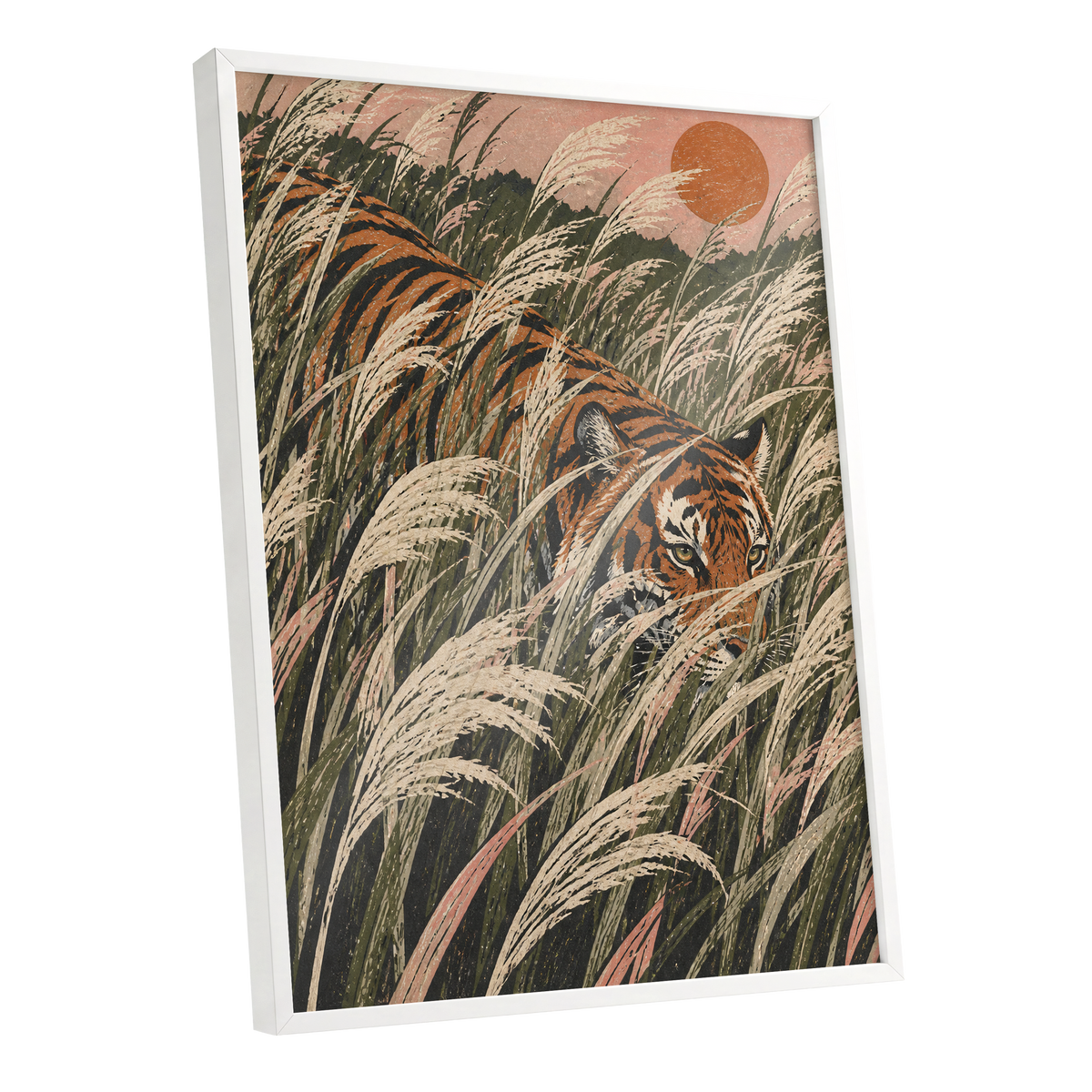 Amber Prowl, orange, black, green nature wall art shown as a white framed poster wall art print