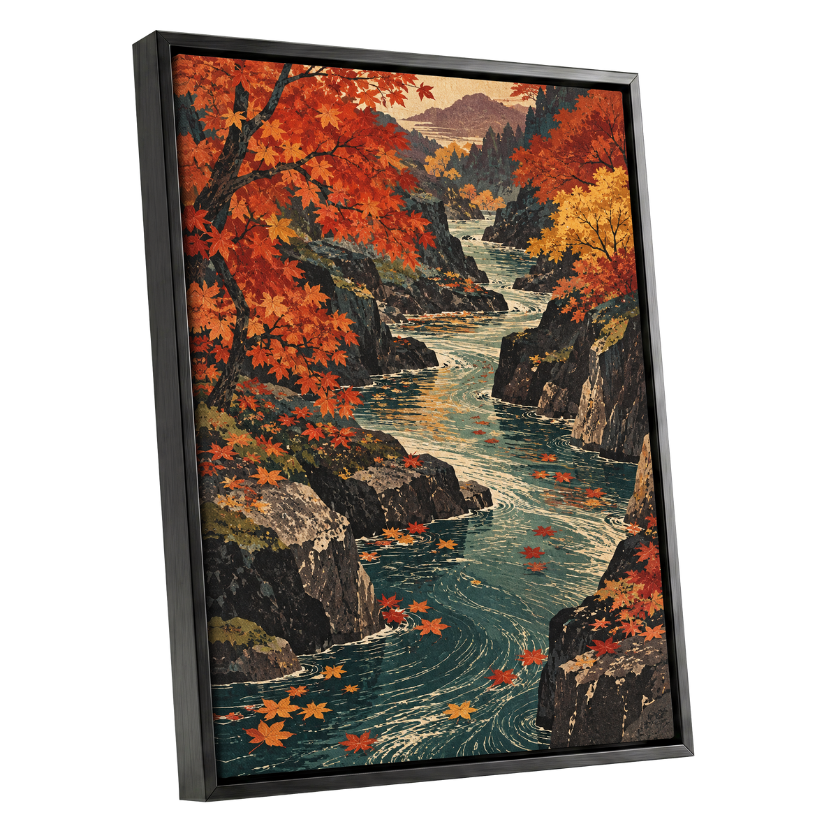 Amber River Passage, orange, red, yellow nature wall art shown as a black framed canvas wall art