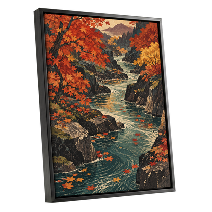 Amber River Passage, orange, red, yellow nature wall art shown as a black framed canvas wall art