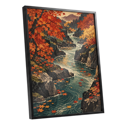 Amber River Passage, orange, red, yellow nature wall art shown as a black framed poster wall art print