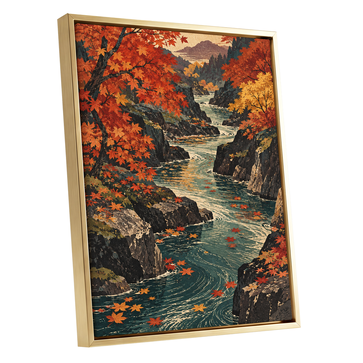Amber River Passage, orange, red, yellow nature wall art shown as a gold framed canvas wall art