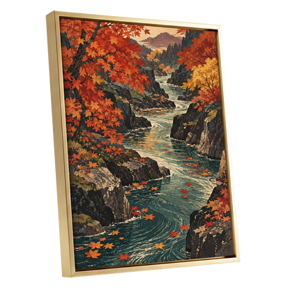 Amber River Passage, orange, red, yellow nature wall art shown as a gold framed canvas wall art