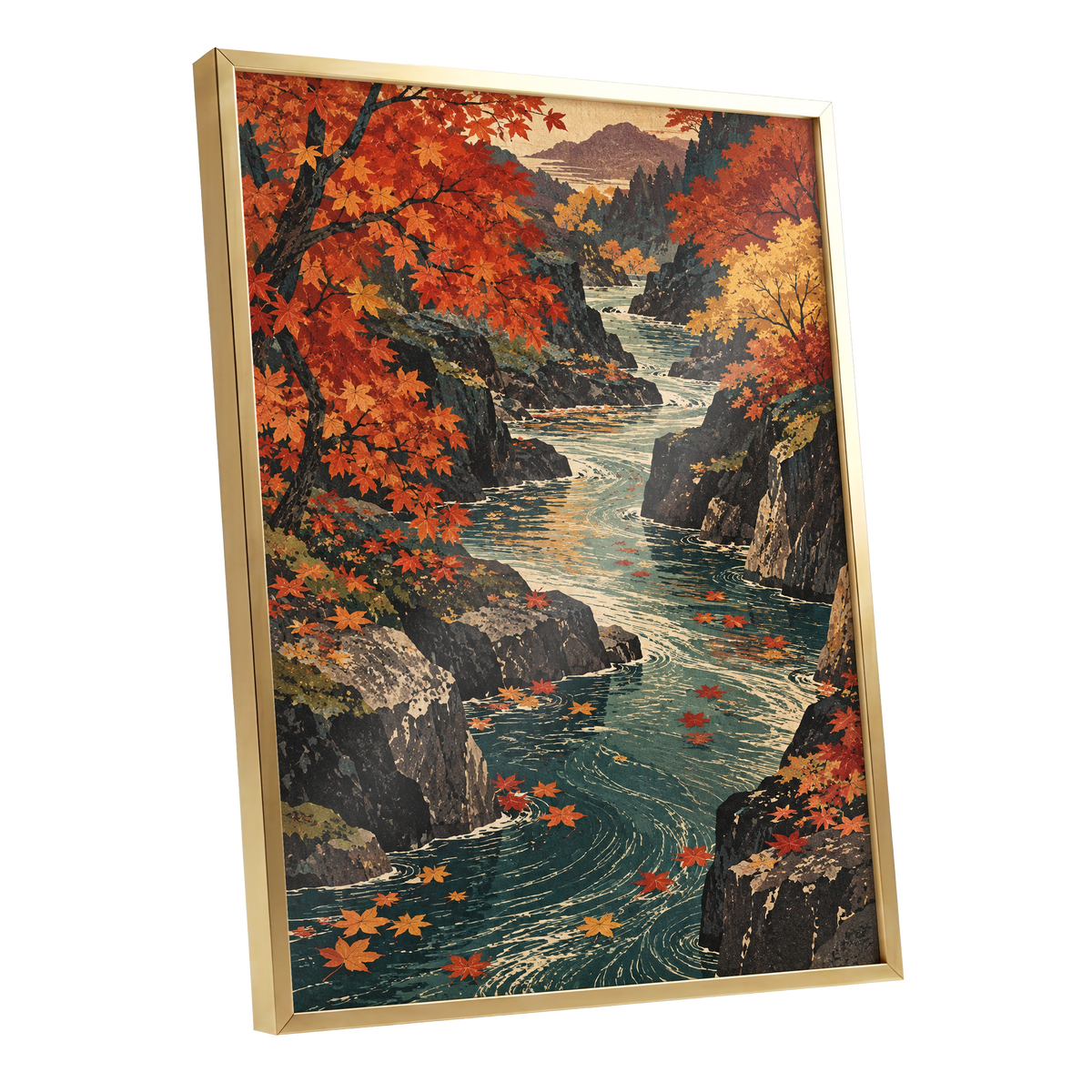 Amber River Passage, orange, red, yellow nature wall art shown as a gold framed poster wall art print