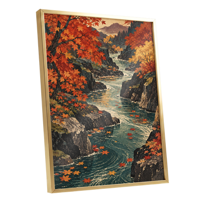 Amber River Passage, orange, red, yellow nature wall art shown as a gold framed poster wall art print