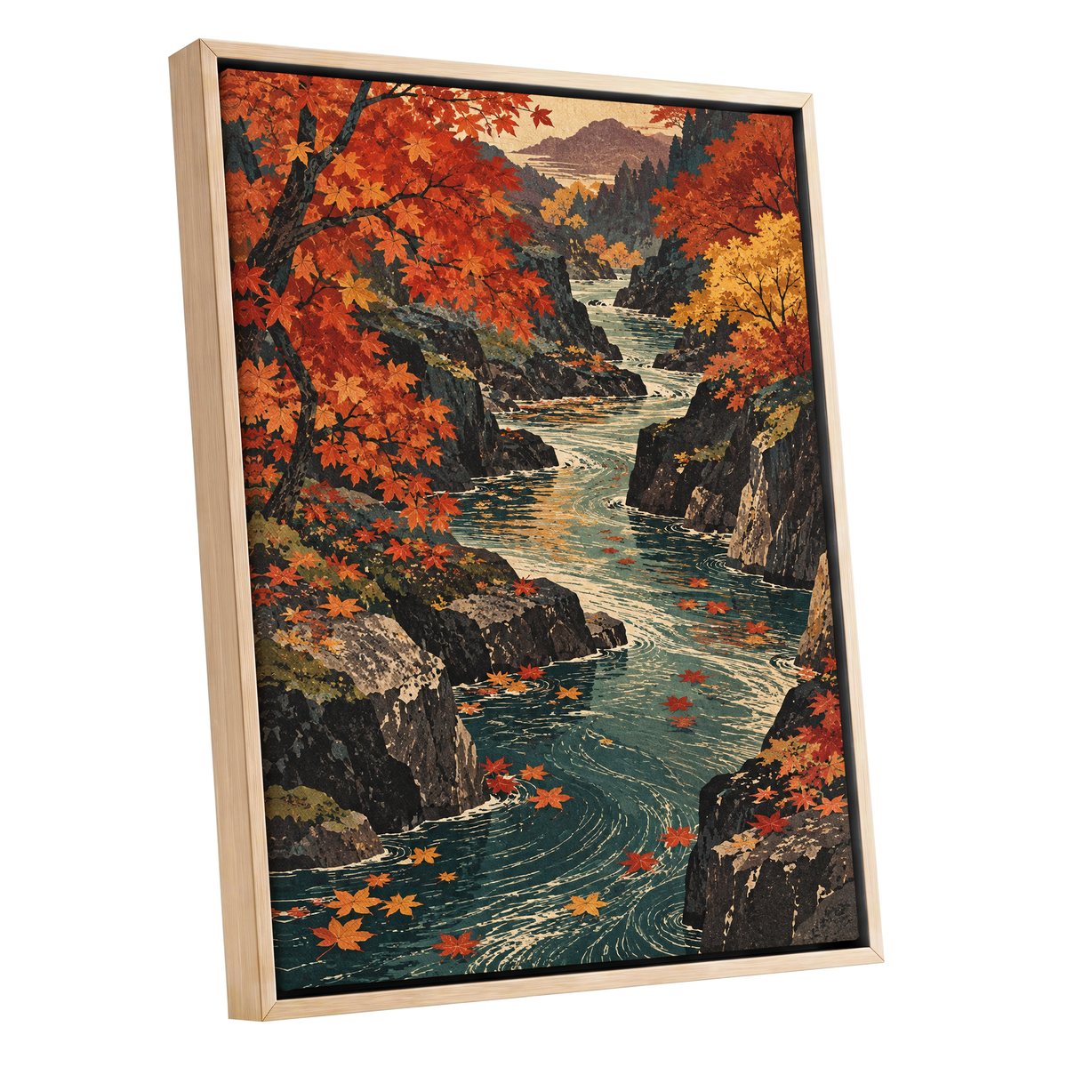 Amber River Passage, orange, red, yellow nature wall art shown as a oak framed canvas wall art