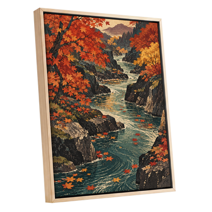 Amber River Passage, orange, red, yellow nature wall art shown as a oak framed canvas wall art