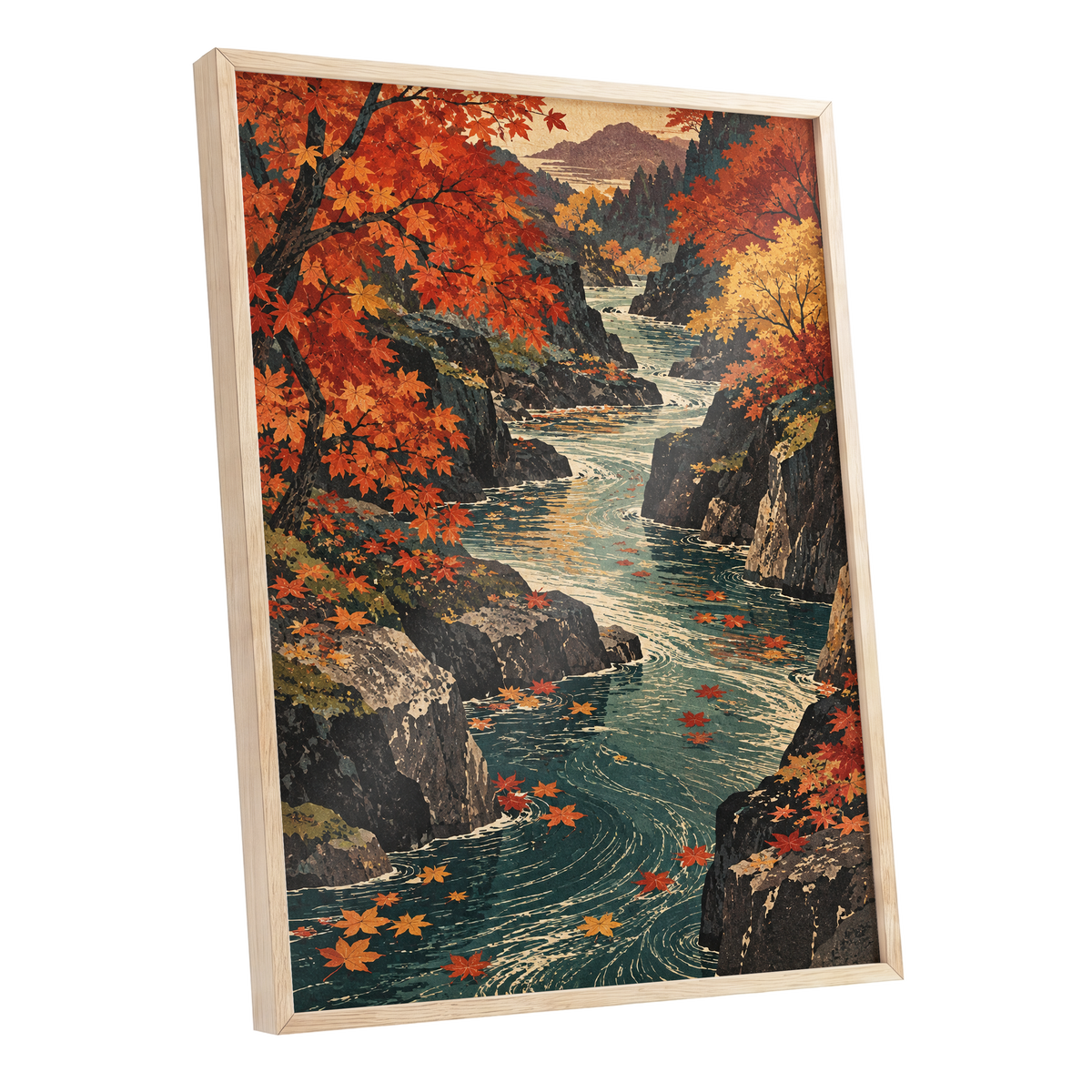 Amber River Passage, orange, red, yellow nature wall art shown as a oak framed poster wall art print