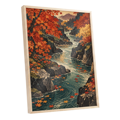 Amber River Passage, orange, red, yellow nature wall art shown as a oak framed poster wall art print