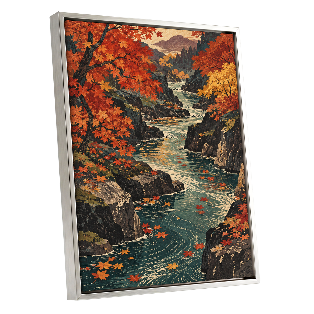 Amber River Passage, orange, red, yellow nature wall art shown as a silver framed canvas wall art
