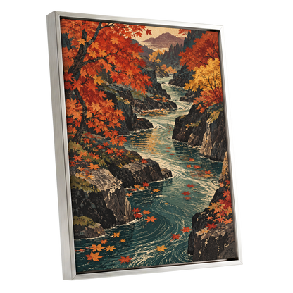 Amber River Passage, orange, red, yellow nature wall art shown as a silver framed canvas wall art