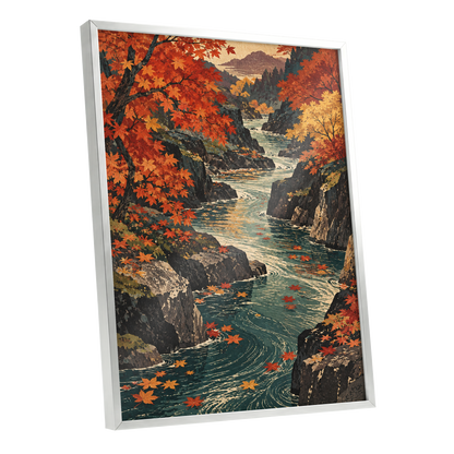 Amber River Passage, orange, red, yellow nature wall art shown as a silver framed poster wall art print