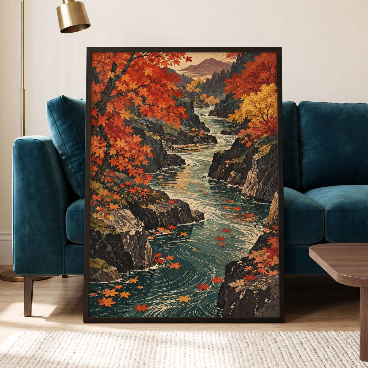 Amber River Passage, orange, red, yellow nature wall art displayed in a styled interior, gallery view 2