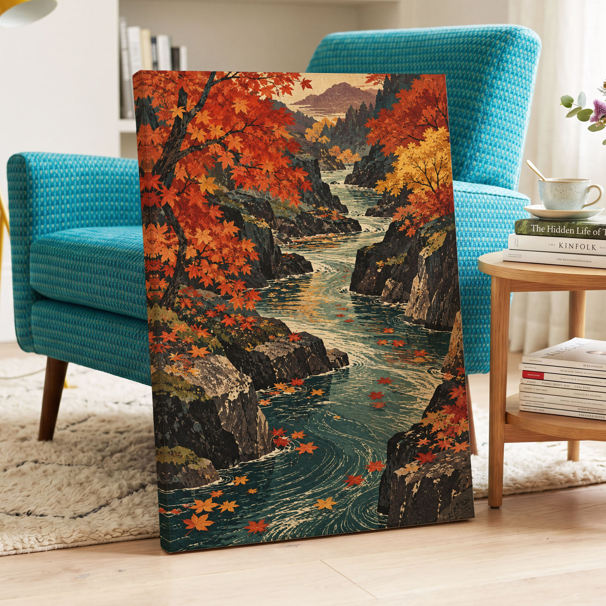 Amber River Passage, orange, red, yellow nature wall art displayed in a styled interior, gallery view 3