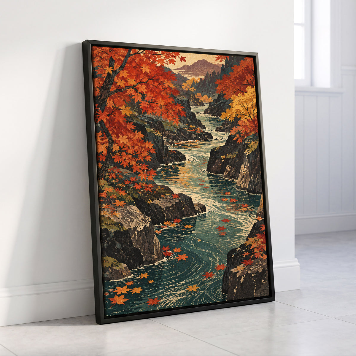 Amber River Passage, orange, red, yellow nature wall art displayed in a styled interior, gallery view 4
