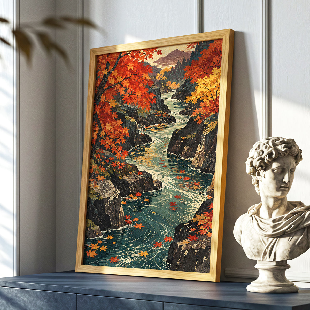 Amber River Passage, orange, red, yellow nature wall art displayed in a styled interior, gallery view 6