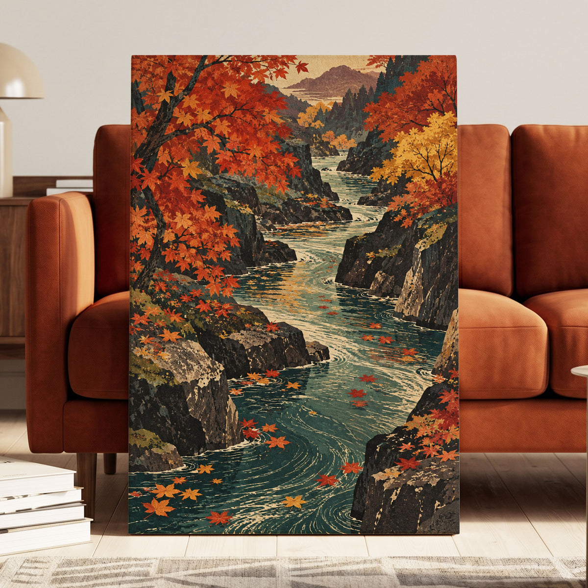 Amber River Passage, orange, red, yellow nature wall art displayed in a styled interior, gallery view 7