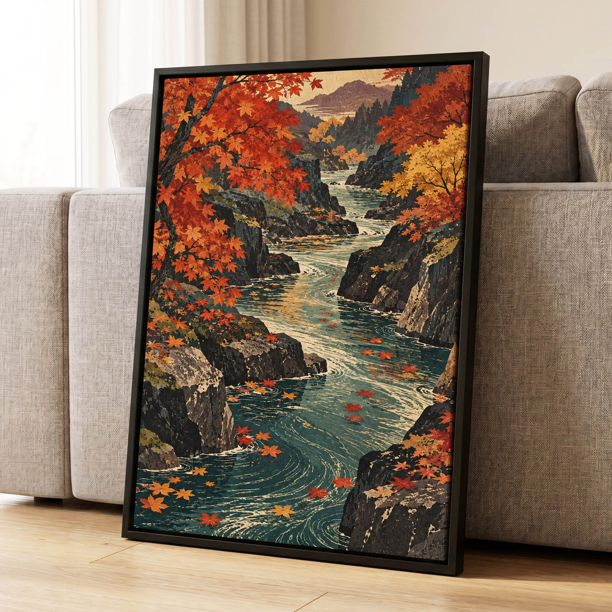 Amber River Passage, orange, red, yellow nature wall art displayed in a styled interior, gallery view 8