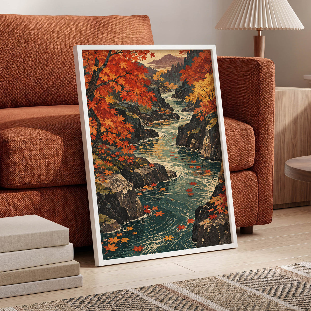 Amber River Passage, orange, red, yellow nature wall art displayed in a styled interior, gallery view 9