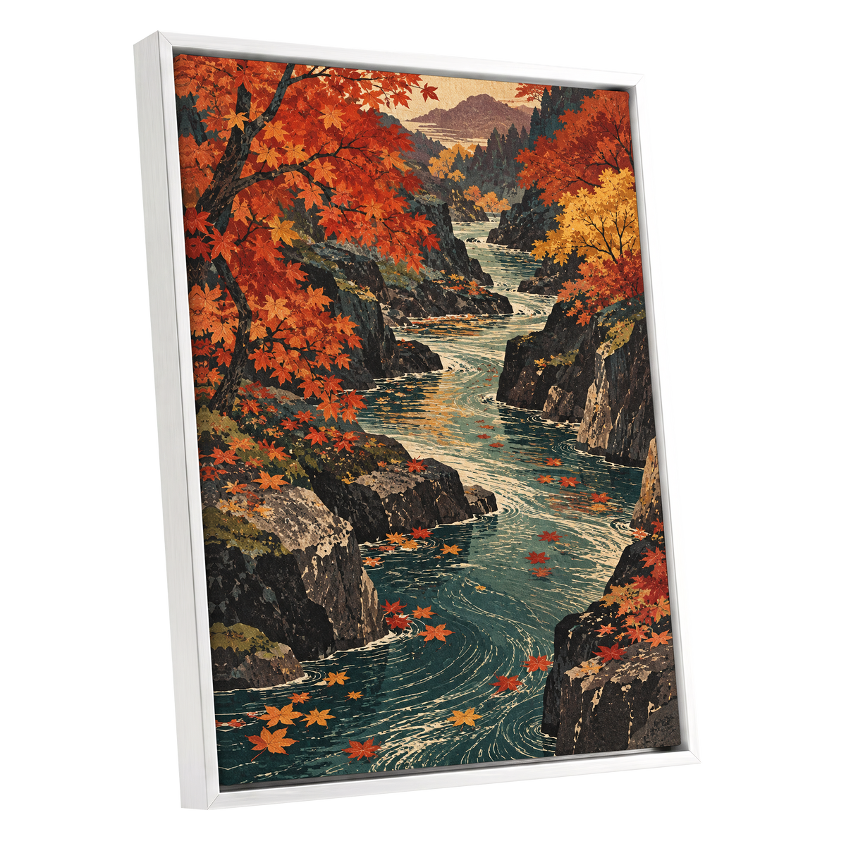 Amber River Passage, orange, red, yellow nature wall art shown as a white framed canvas wall art