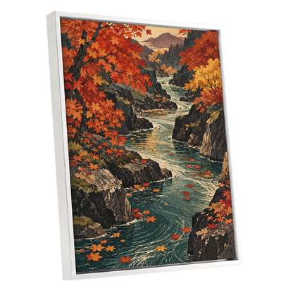 Amber River Passage, orange, red, yellow nature wall art shown as a white framed canvas wall art