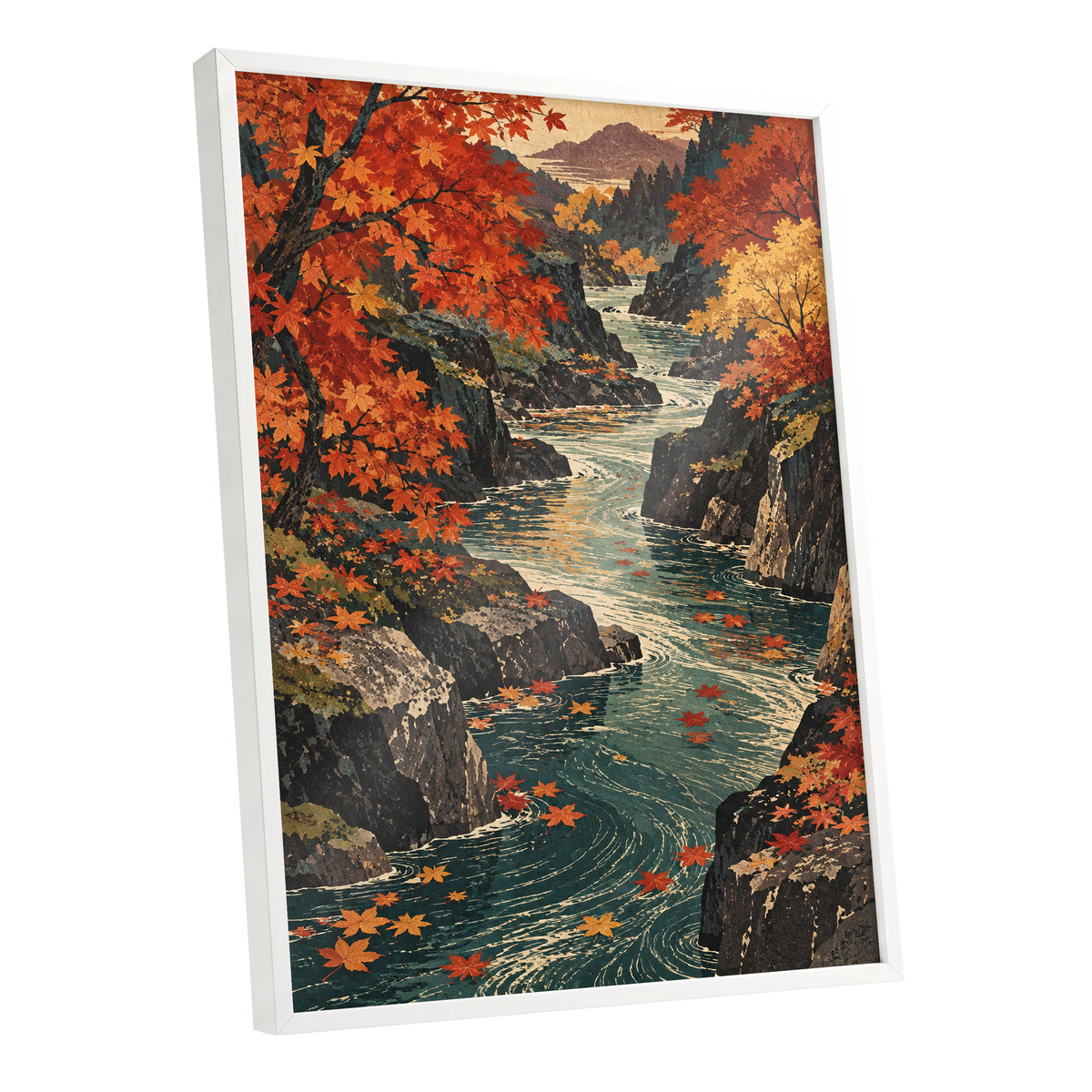Amber River Passage, orange, red, yellow nature wall art shown as a white framed poster wall art print