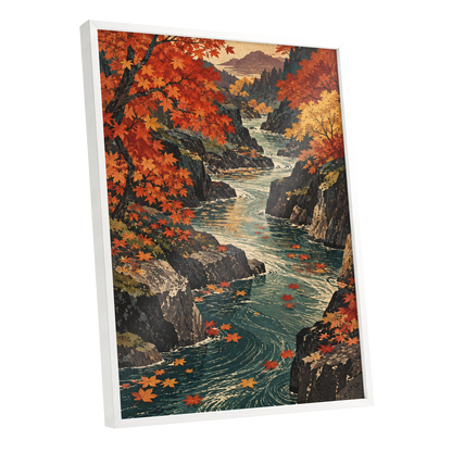Amber River Passage, orange, red, yellow nature wall art shown as a white framed poster wall art print