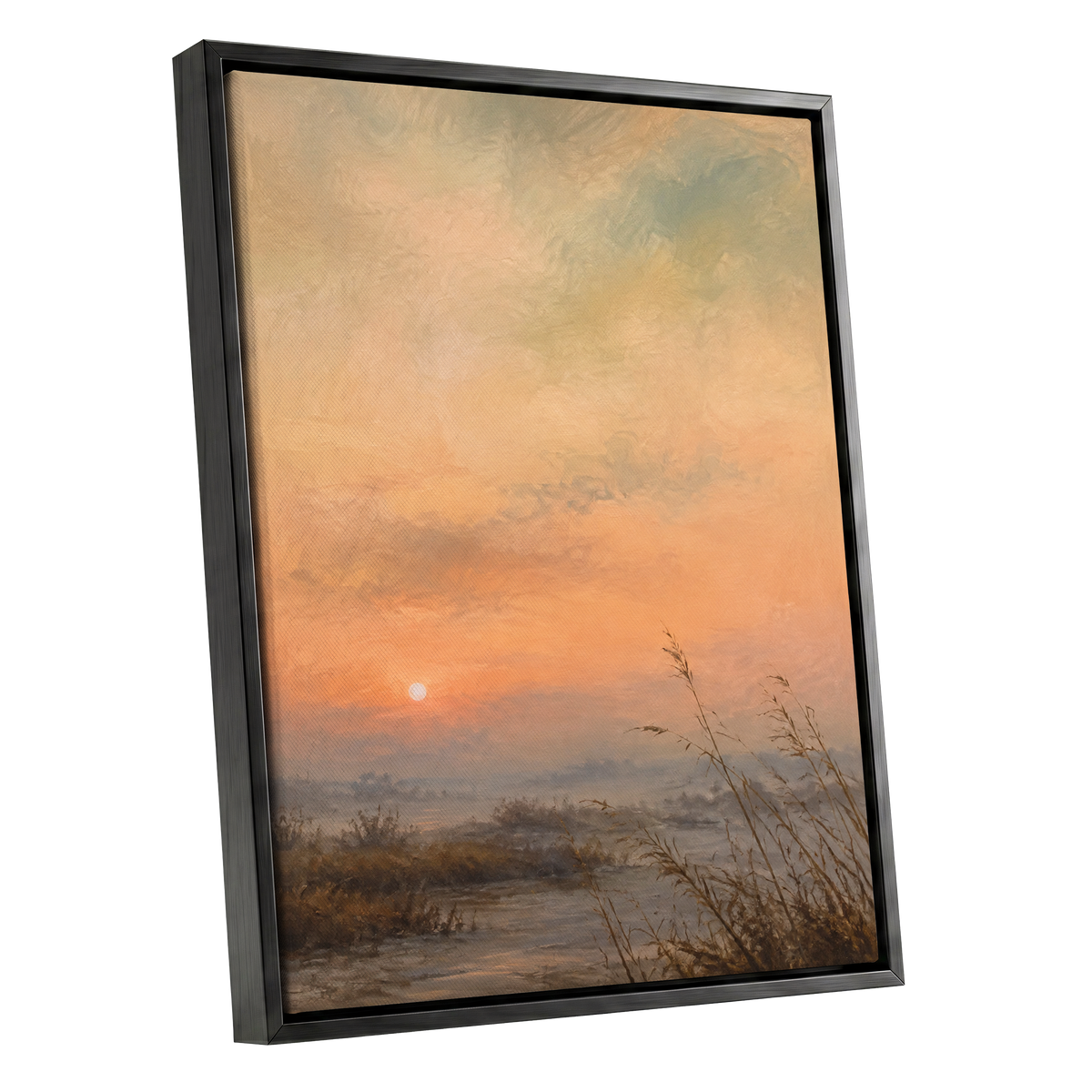 Amber Stillness, orange, beige, brown nature wall art shown as a black framed canvas wall art