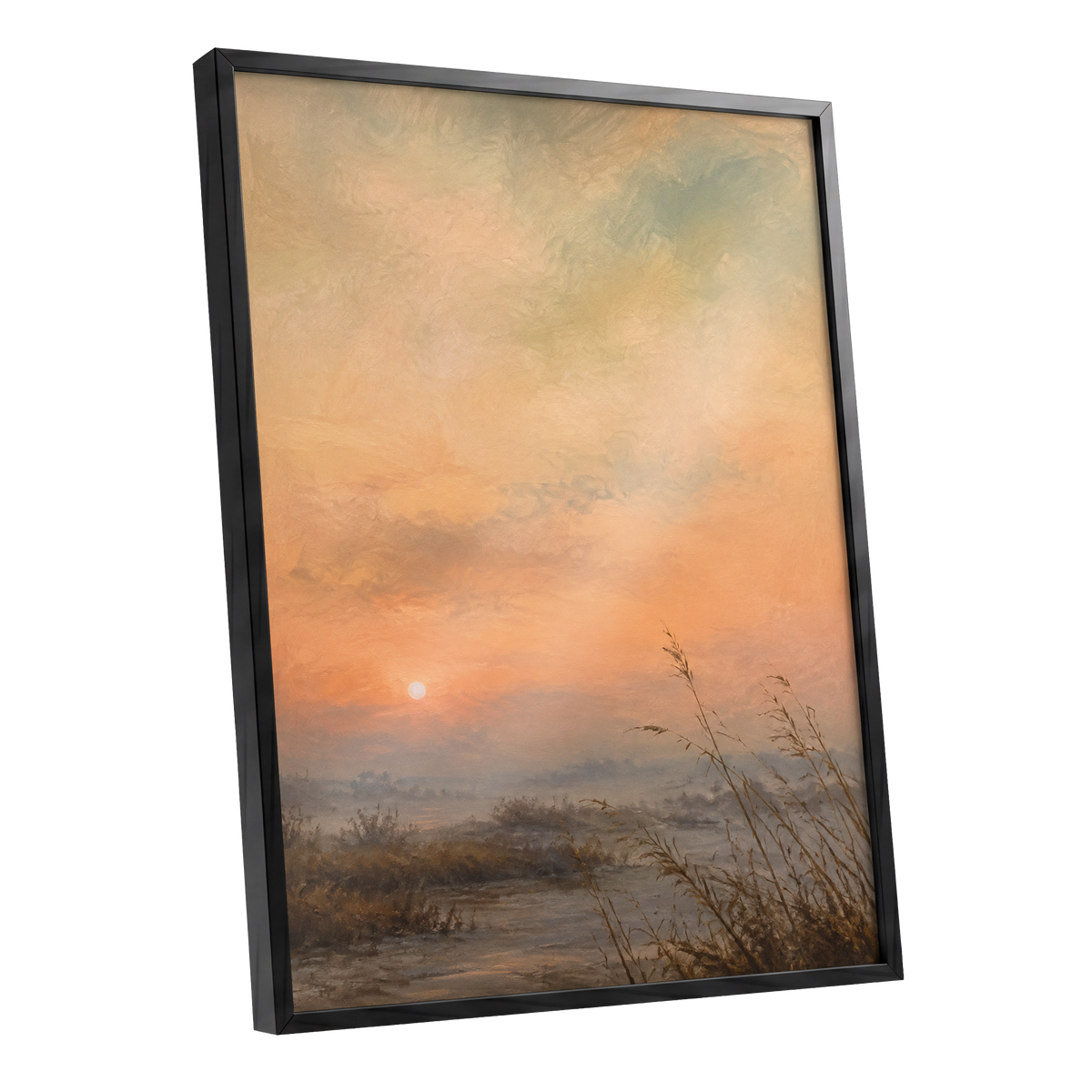 Amber Stillness, orange, beige, brown nature wall art shown as a black framed poster wall art print