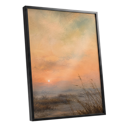 Amber Stillness, orange, beige, brown nature wall art shown as a black framed poster wall art print