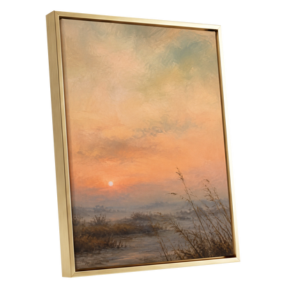 Amber Stillness, orange, beige, brown nature wall art shown as a gold framed canvas wall art
