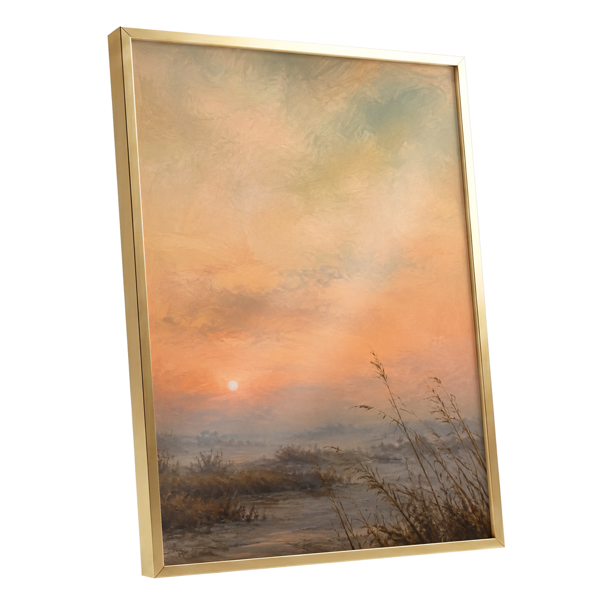 Amber Stillness, orange, beige, brown nature wall art shown as a gold framed poster wall art print