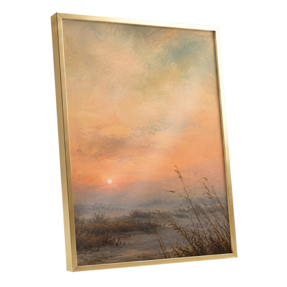 Amber Stillness, orange, beige, brown nature wall art shown as a gold framed poster wall art print