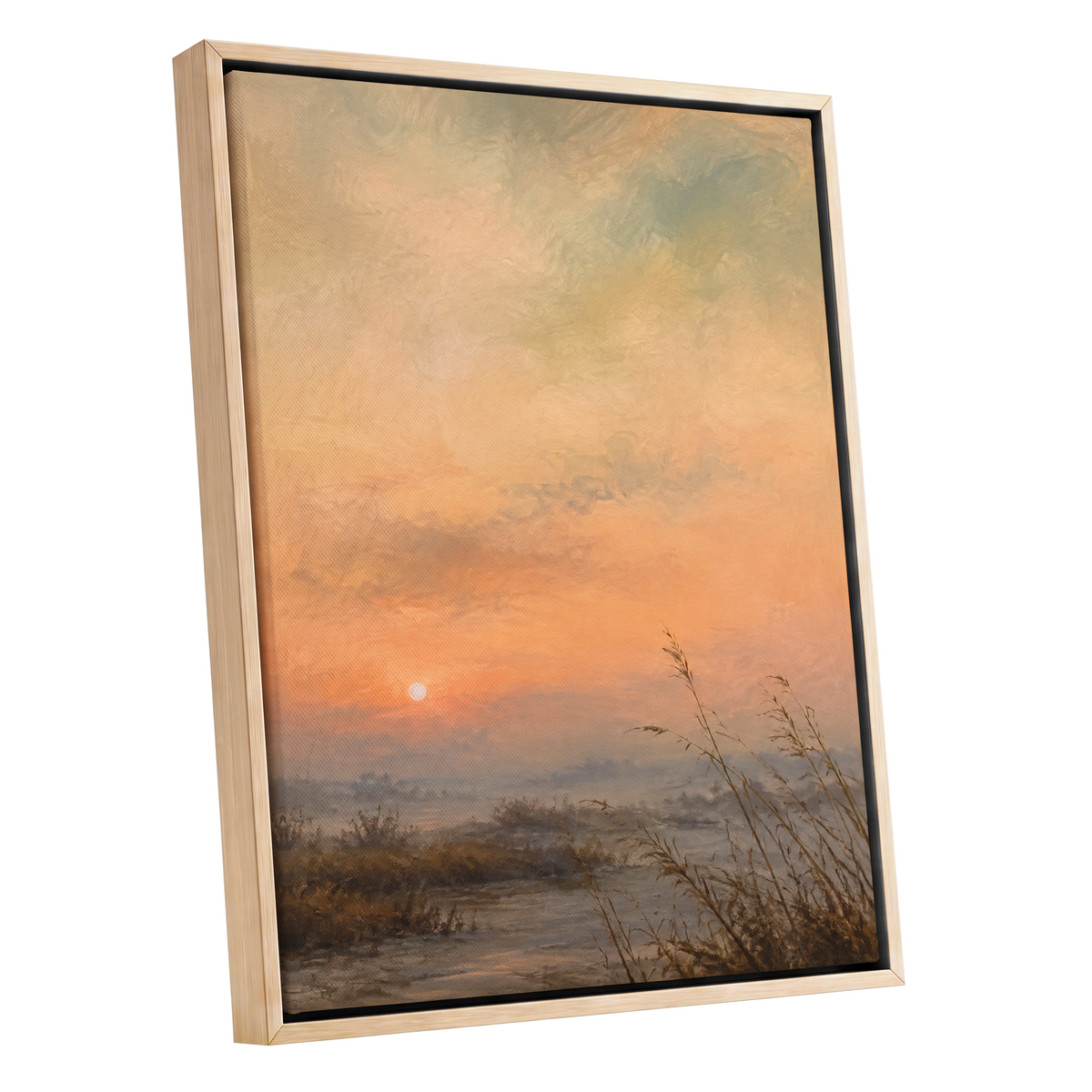 Amber Stillness, orange, beige, brown nature wall art shown as a oak framed canvas wall art