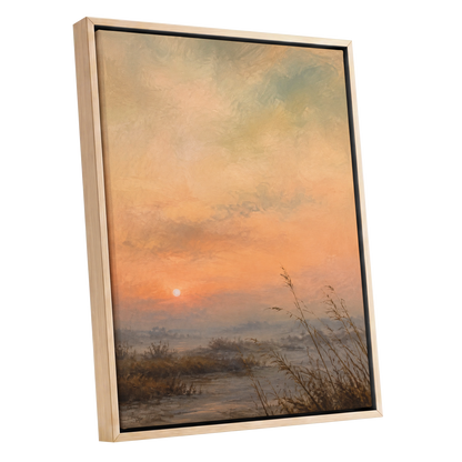 Amber Stillness, orange, beige, brown nature wall art shown as a oak framed canvas wall art