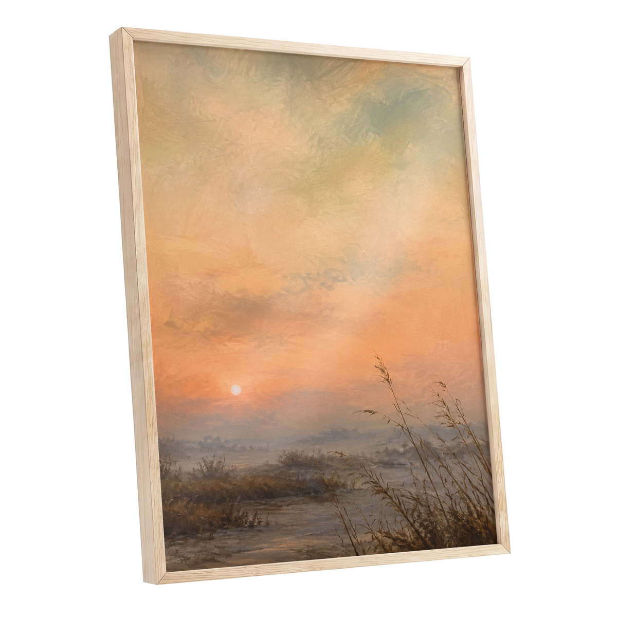 Amber Stillness, orange, beige, brown nature wall art shown as a oak framed poster wall art print